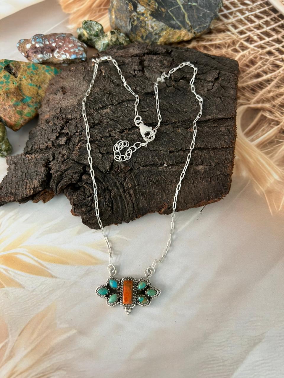 Handmade Sterling Silver Kingman with Orange Mojave Necklace "Signed Nizhoni"