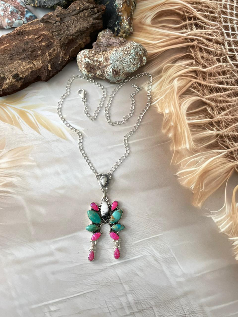 Handmade Sterling Silver Spring Collection: Kingman Turquoise with Hot Pink & White Buffalo Necklace "Signed Nizhoni"