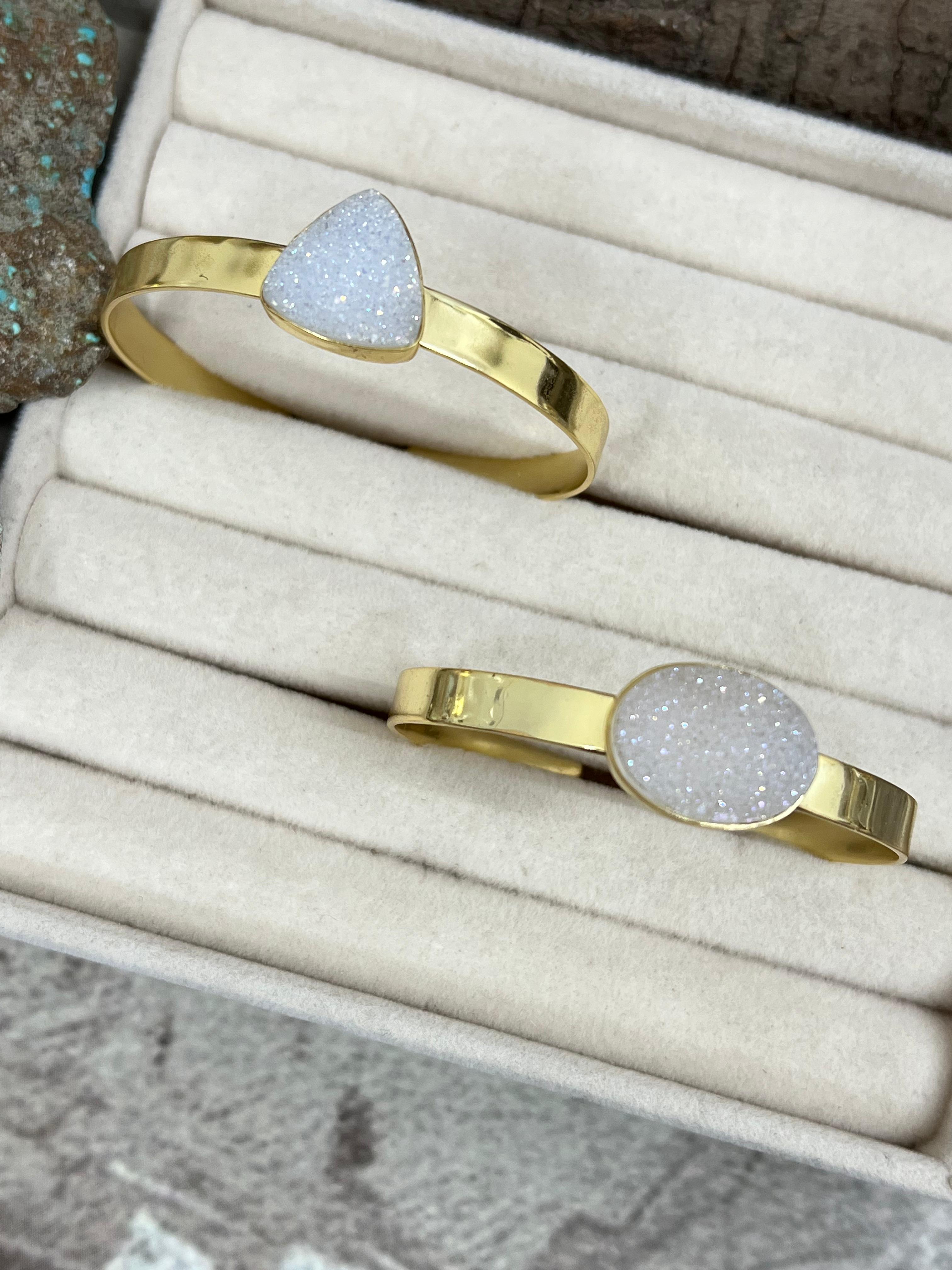 “The Boho Collection” Handmade Natural Gold Plated White Druzy Cuff Bracelet