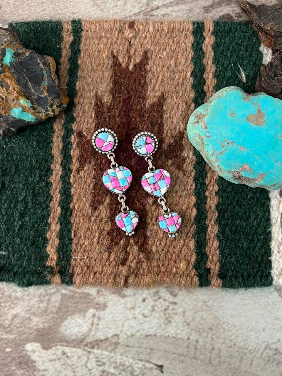 Handmade Sterling Silver Cotton Candy Cobble Stone Post Dangle Earrings Signed Nizhoni