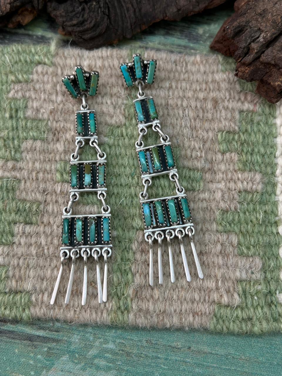 Handmade Sterling Silver Kingman Turquoise Post Dangle Earrings "Signed Nizhoni"