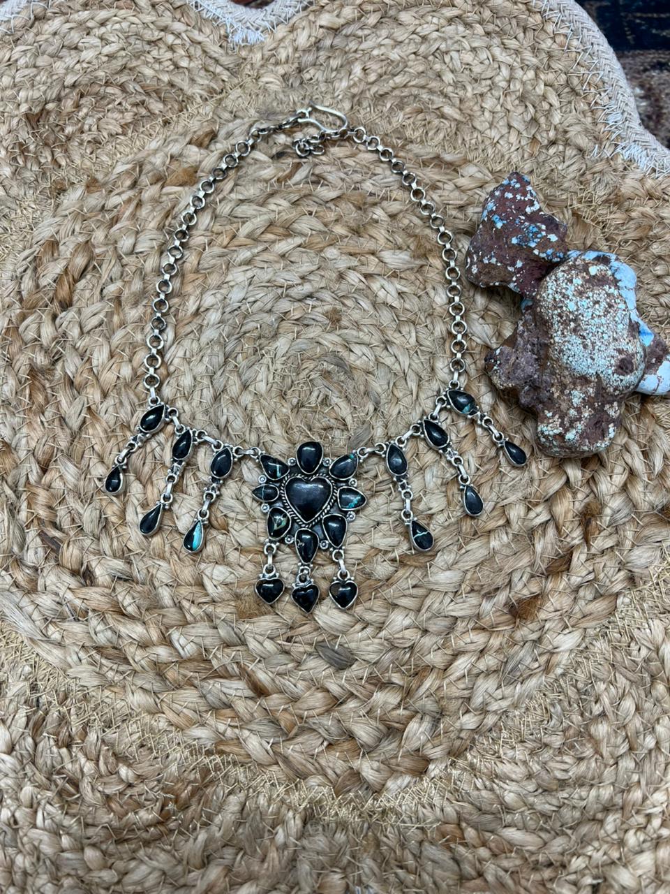 Handmade Sterling Silver Blackjack Turquoise Choker Necklace "Signed Nizhoni"
