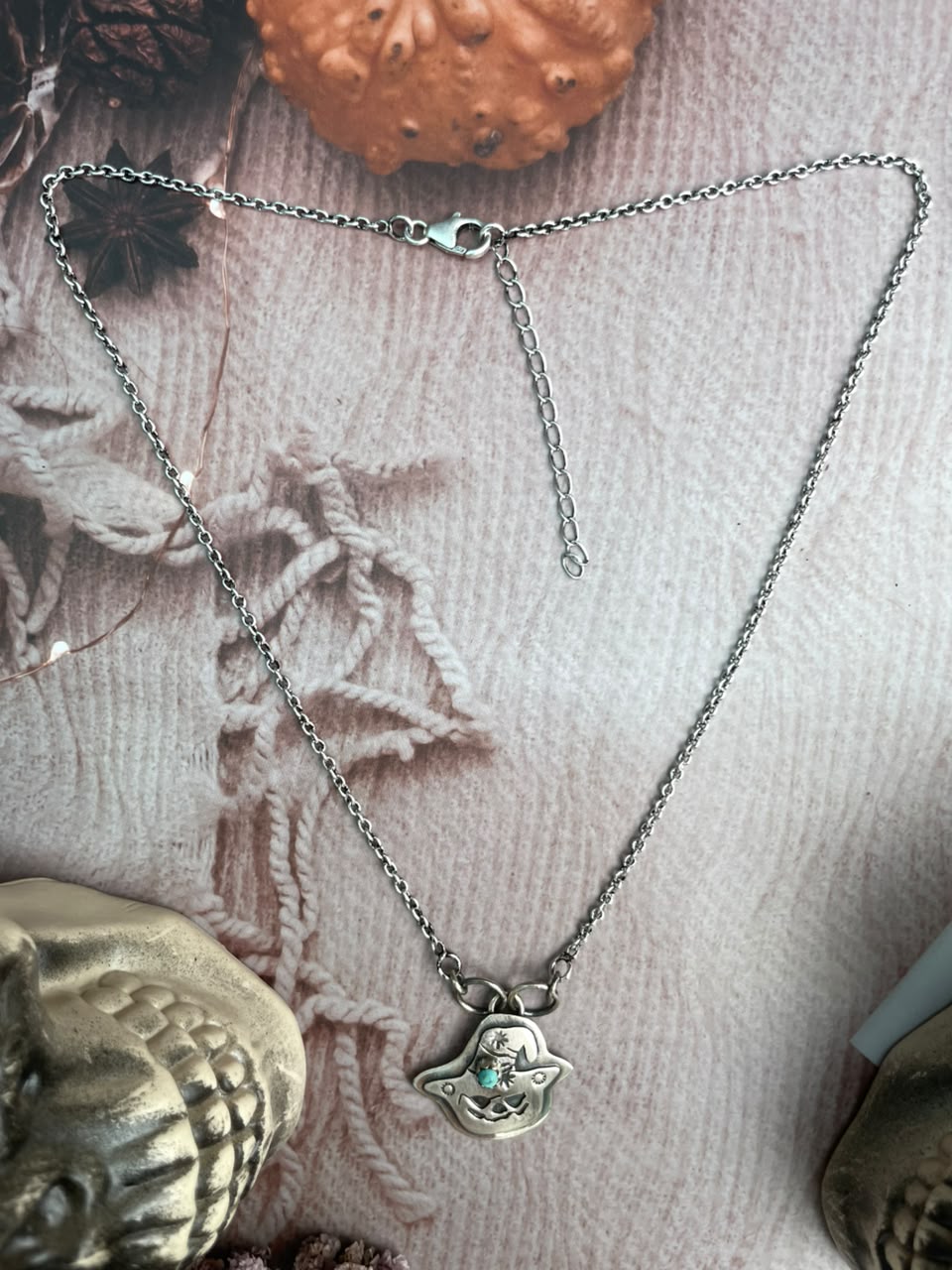 Handmade Sterling Silver Kingman Turquoise Halloween Collection: Necklace Signed Nizhoni