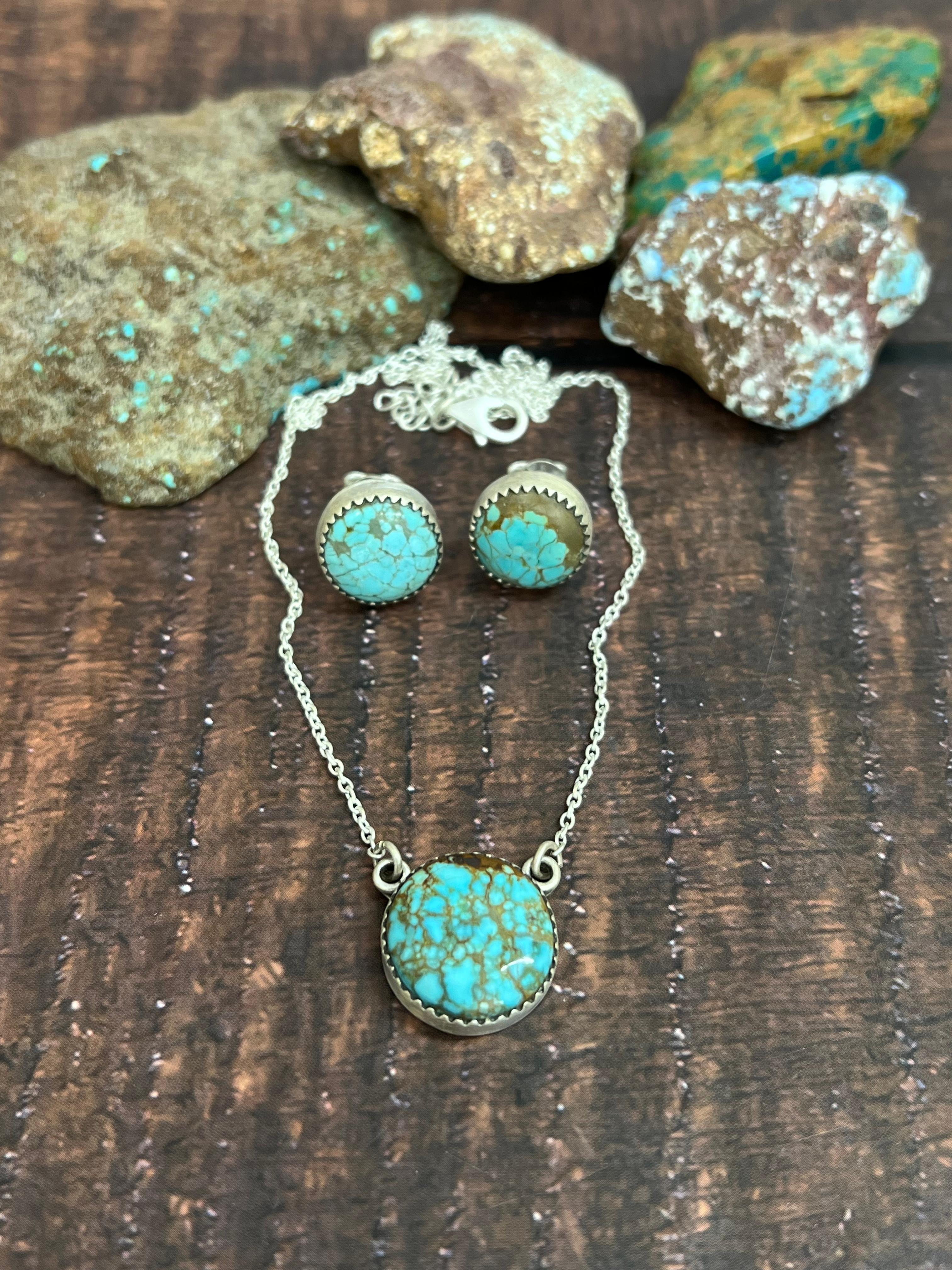 Handmade Sterling Silver Number 8 Turquoise Necklace Earrings Set with Signed Nizhoni