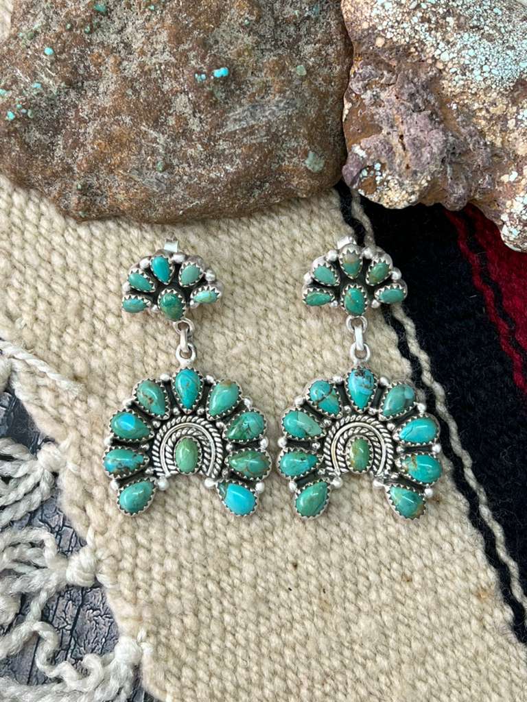 Handmade Sterling Silver Kingman Turquoise Post Dangle Earrings "Signed Nizhoni"