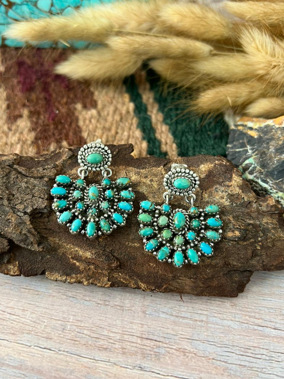 Handmade Sterling Silver Kingman Turquoise Post Dangle Earrings "Signed Nizhoni"