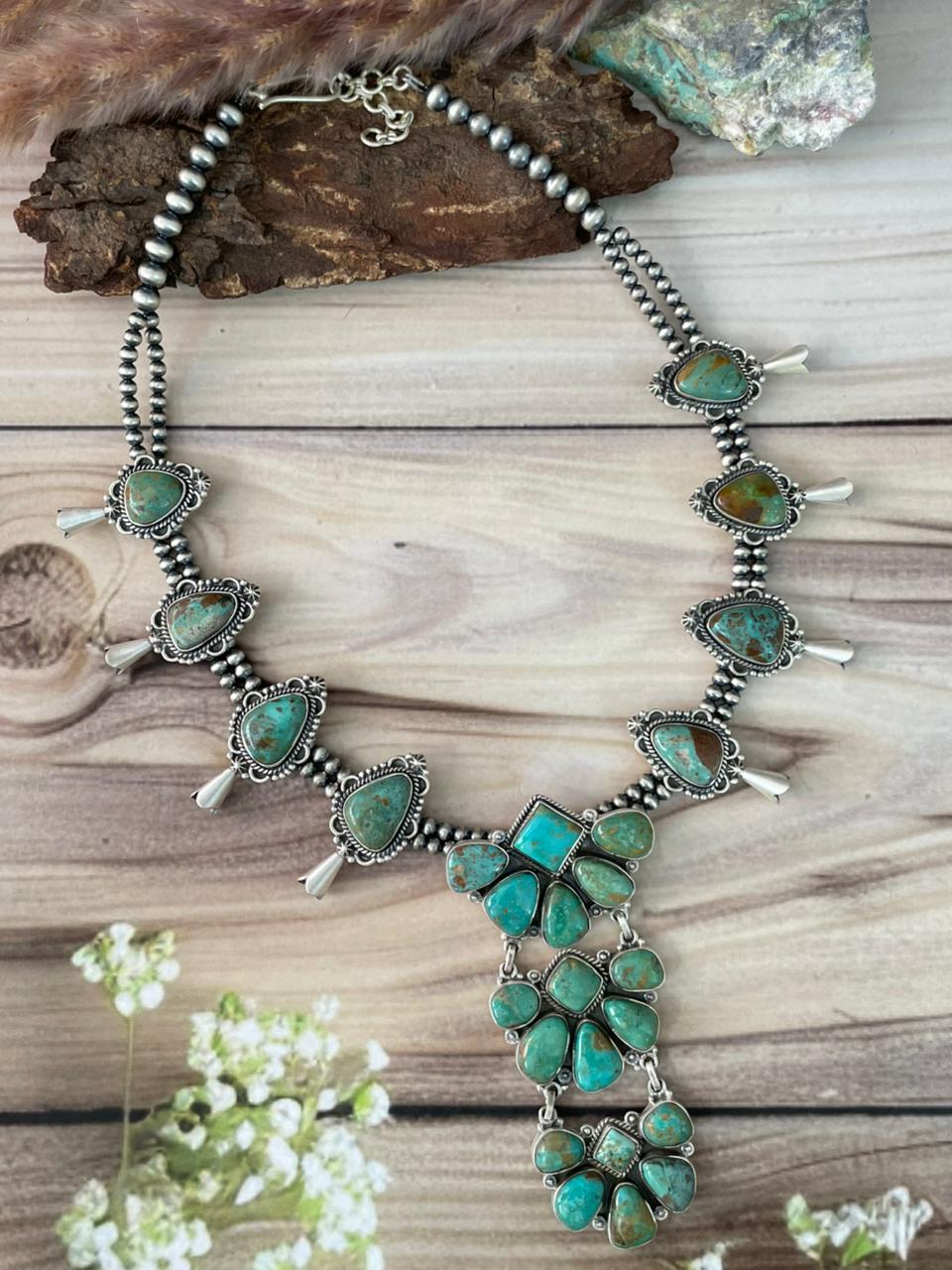 Handmade Sterling Silver Sonoran Turquoise Squash Blossom Beaded Necklace Signed Nizhoni