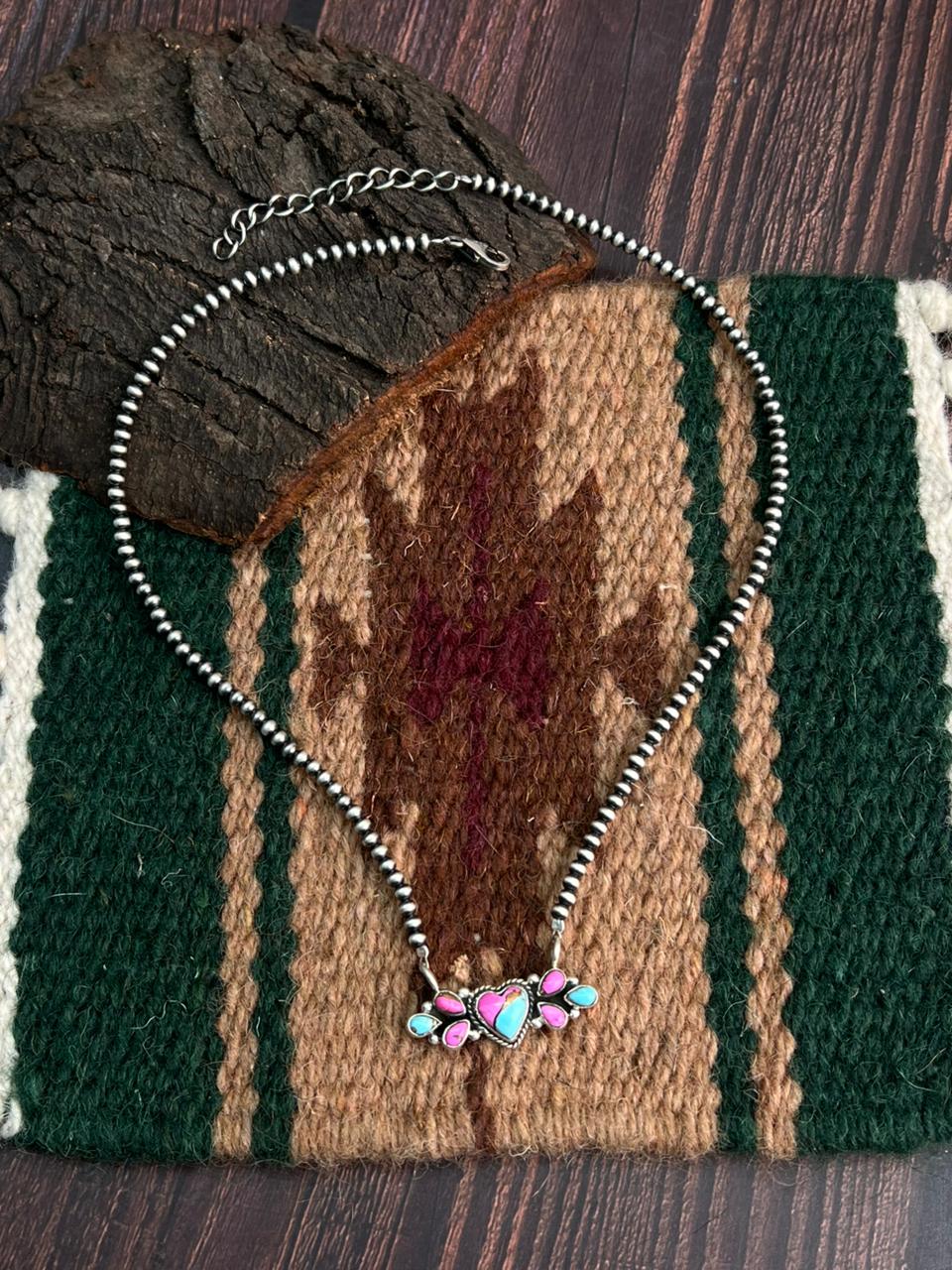 "Heart Collection" Handmade Sterling Silver Beaded Cotton Candy Necklace "Signed Nizhoni"