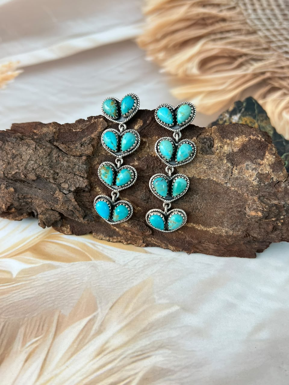Handmade Sterling Silver Kingman Turquoise Post Dangle Heart Earrings Signed Nizhoni