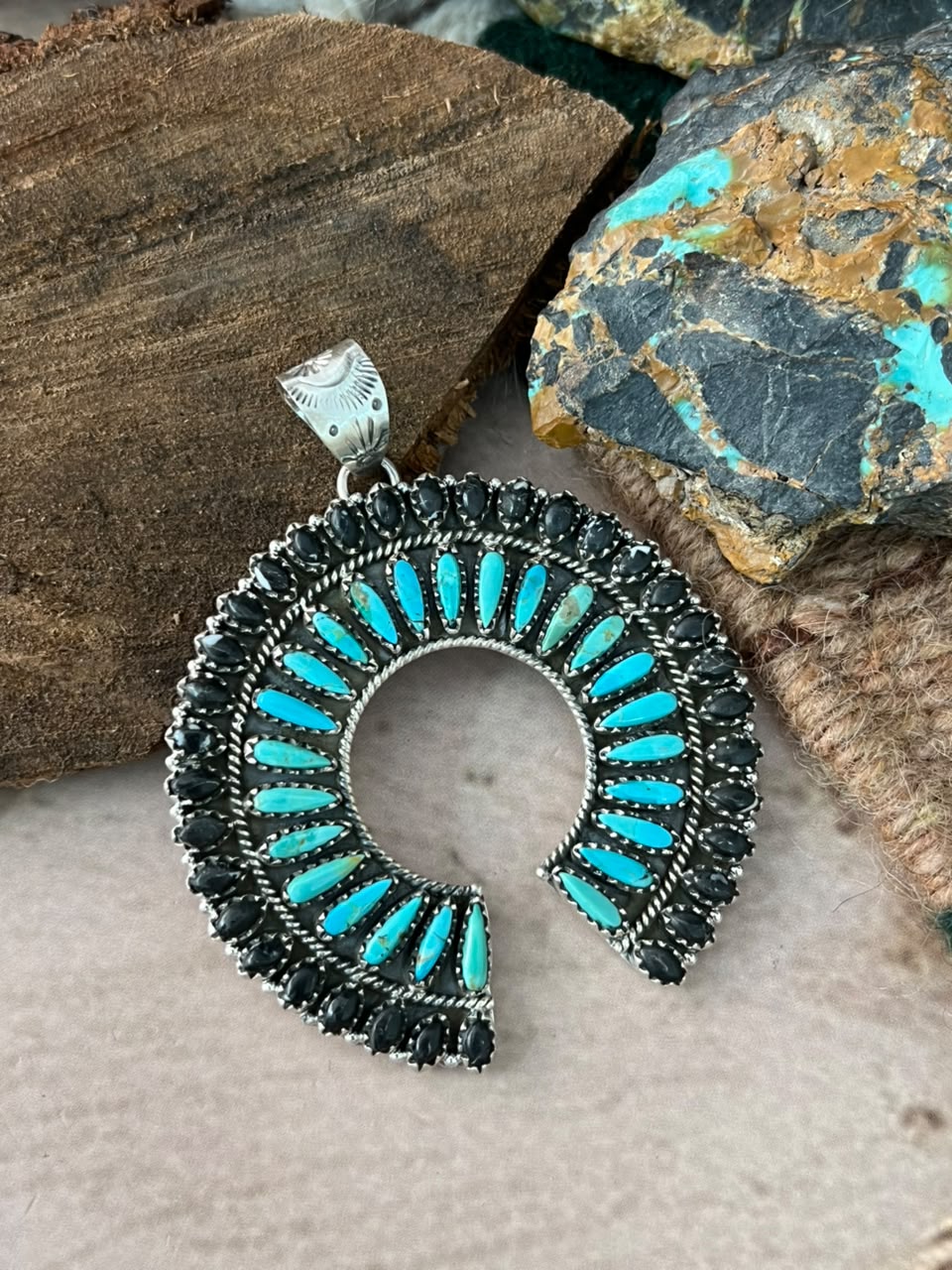 Handmade Sterling Silver Kingman Turquoise with White Buffalo Naja Pendant Signed Nizhoni (7)