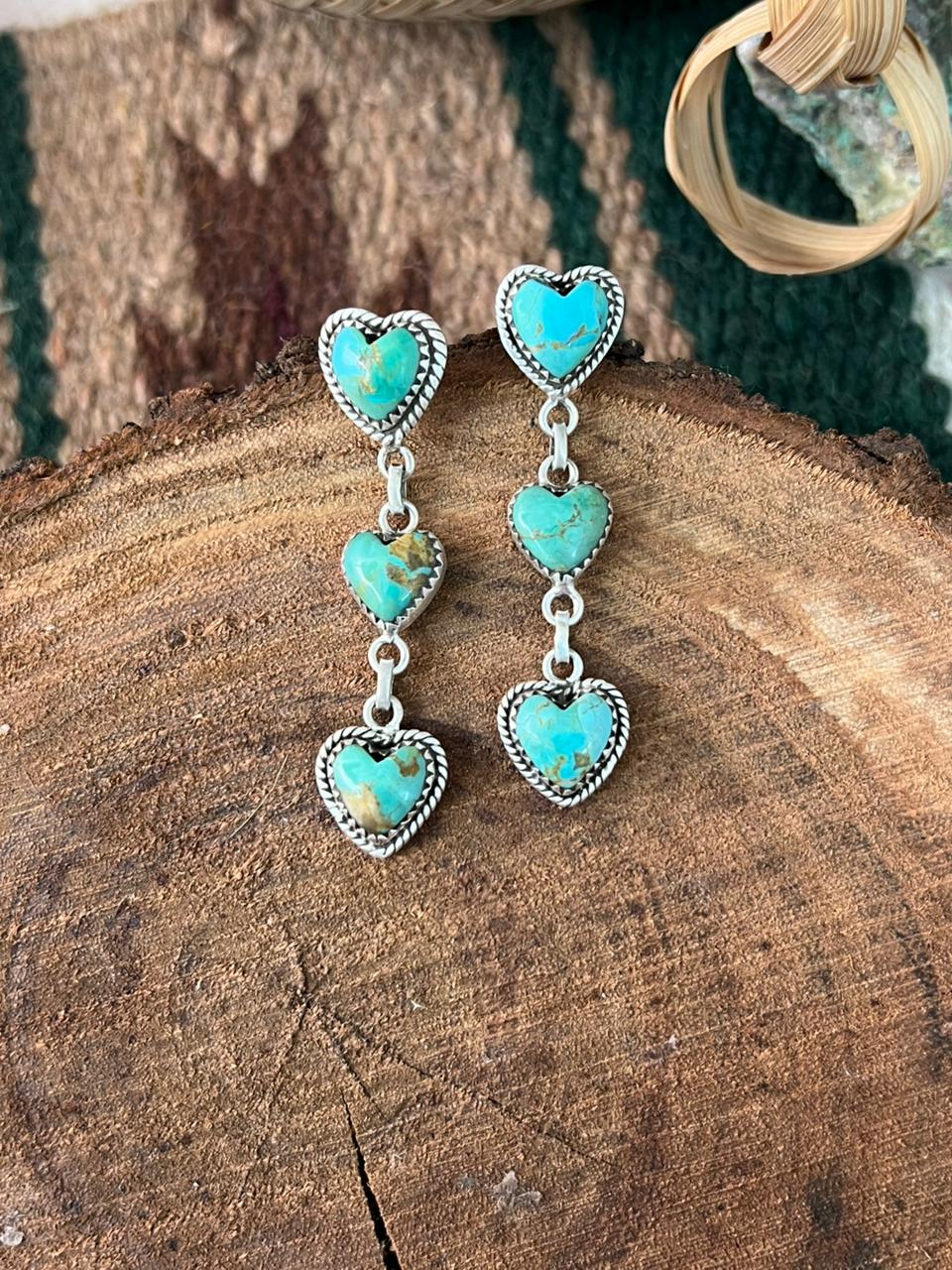 Handmade Sterling Silver Kingman Turquoise Post Dangle Heart Earrings Signed Nizhoni (4)