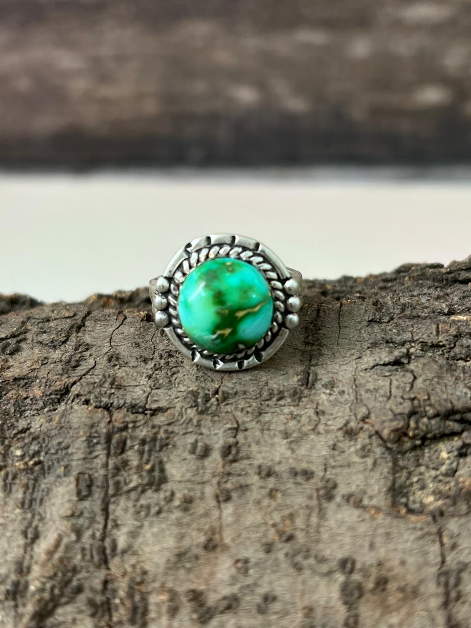 Handmade Sterling Silver Emerald Valley Turquoise Adjustable Ring "Signed Nizhoni" (6)
