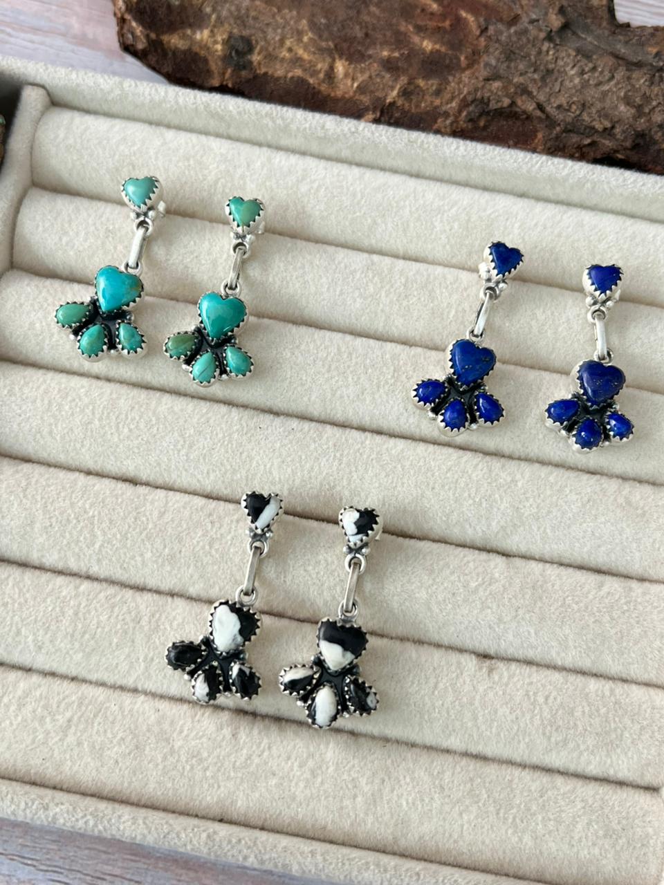 Handmade Sterling Silver Multi Stone Post Dangle Earrings with Signed Nizhoni