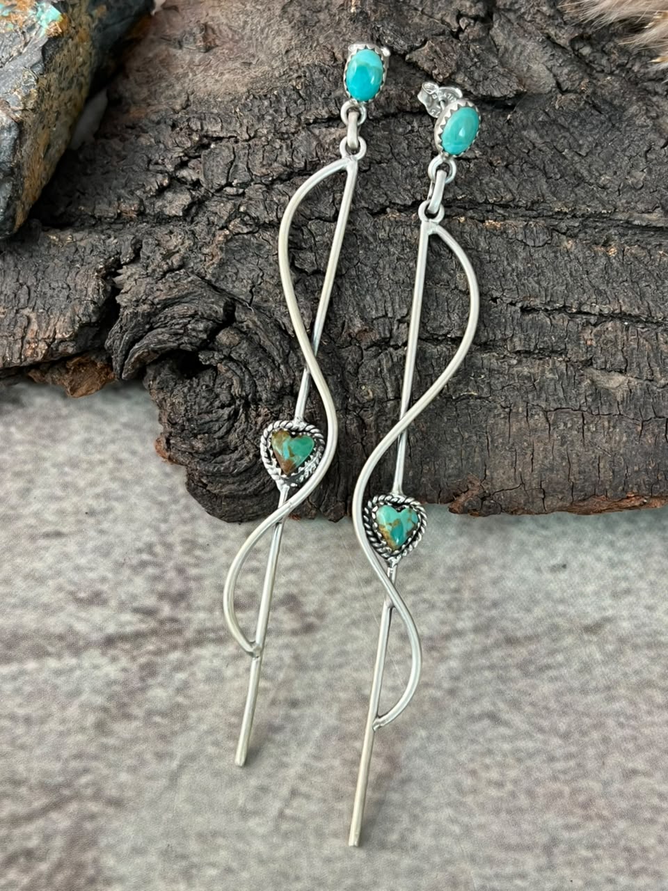 Handmade Sterling Silver Kingman Turquoise Post Dangle Heart Earrings Signed Nizhoni