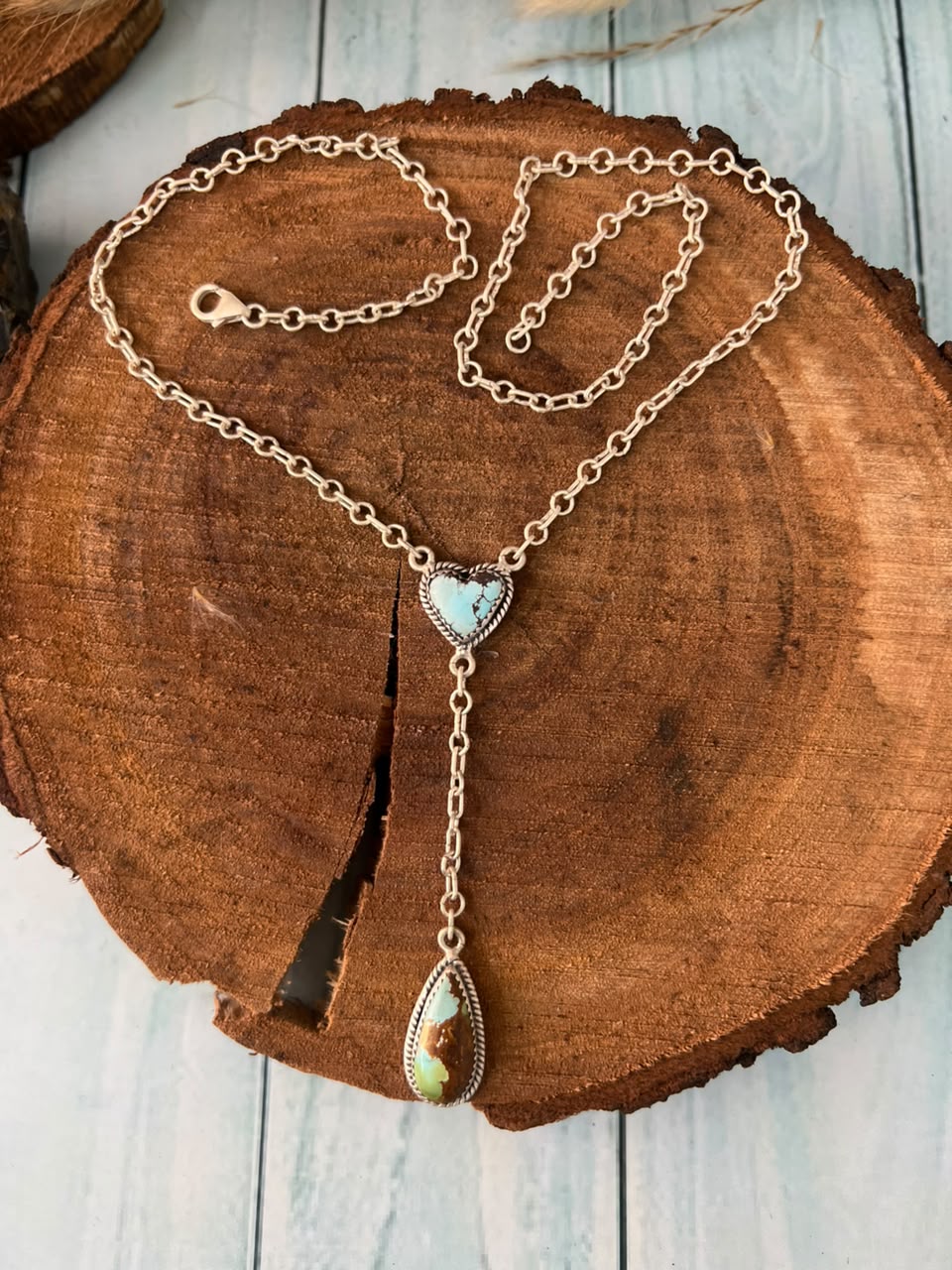 Handmade Sterling Silver Golden Hills with Sonoran Mountain Turquoise Drop Necklace Signed Nizhoni