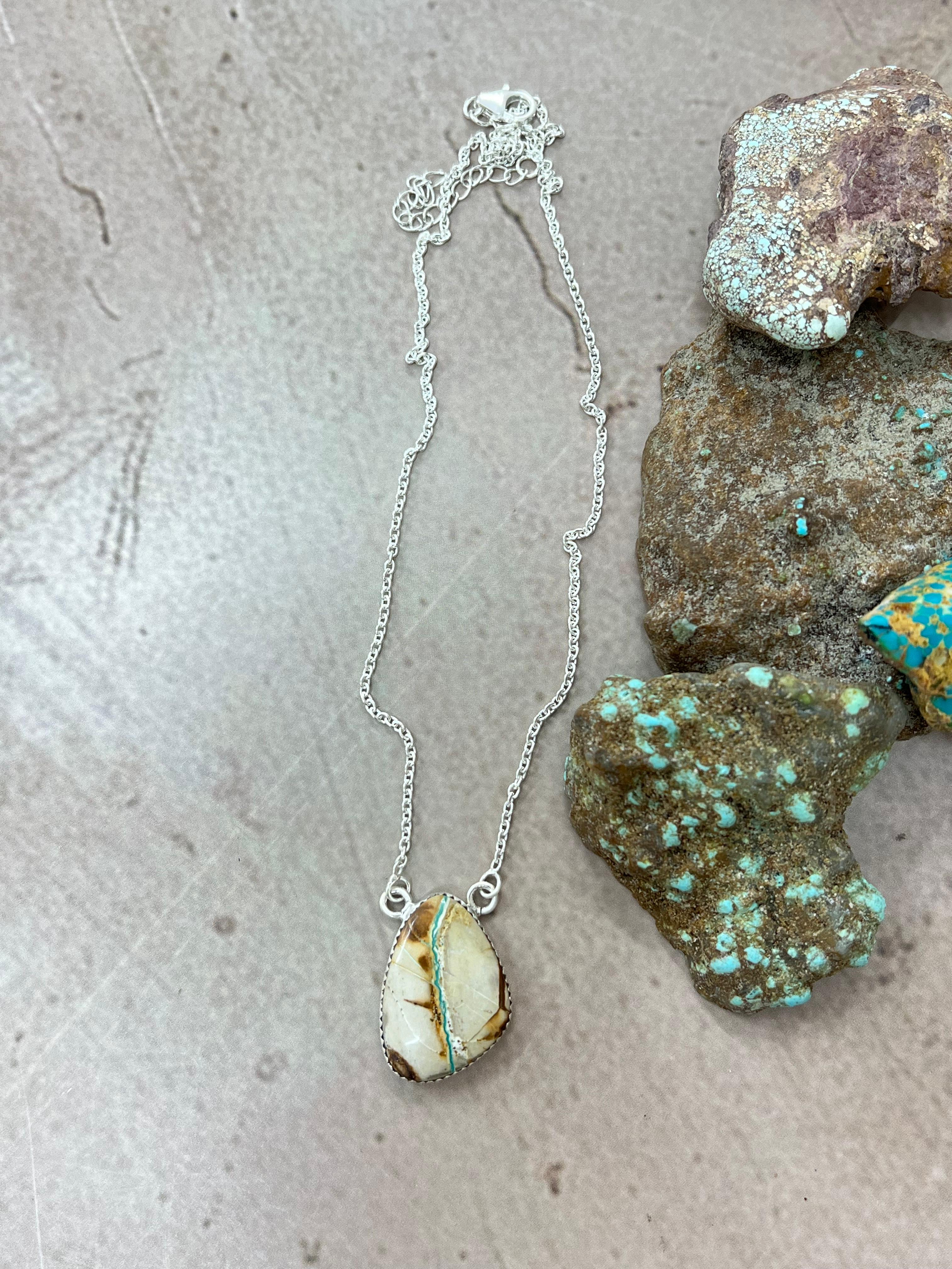 Handmade Sterling Silver Ribbon Royston Necklace with Signed Nizhoni