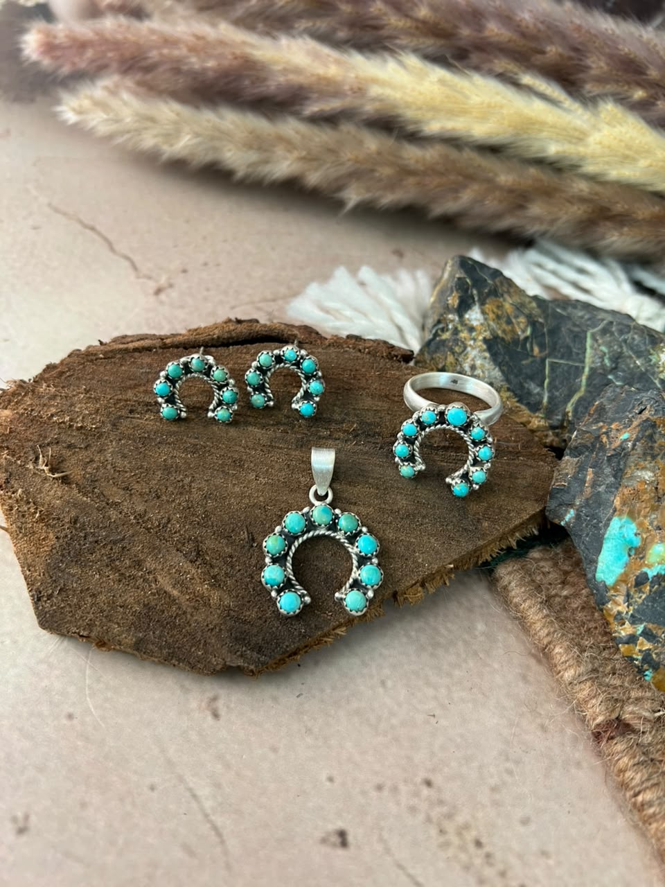 Handmade Sterling Silver Kingman Turquoise Naja Pendant Ring and Earrings Set Signed Nizhoni