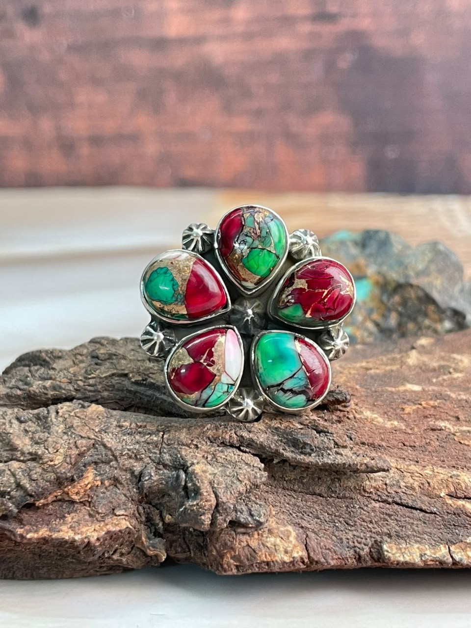 Handmade Sterling Silver Christmas Dahlia Collection: Adjustable Ring Signed Nizhoni