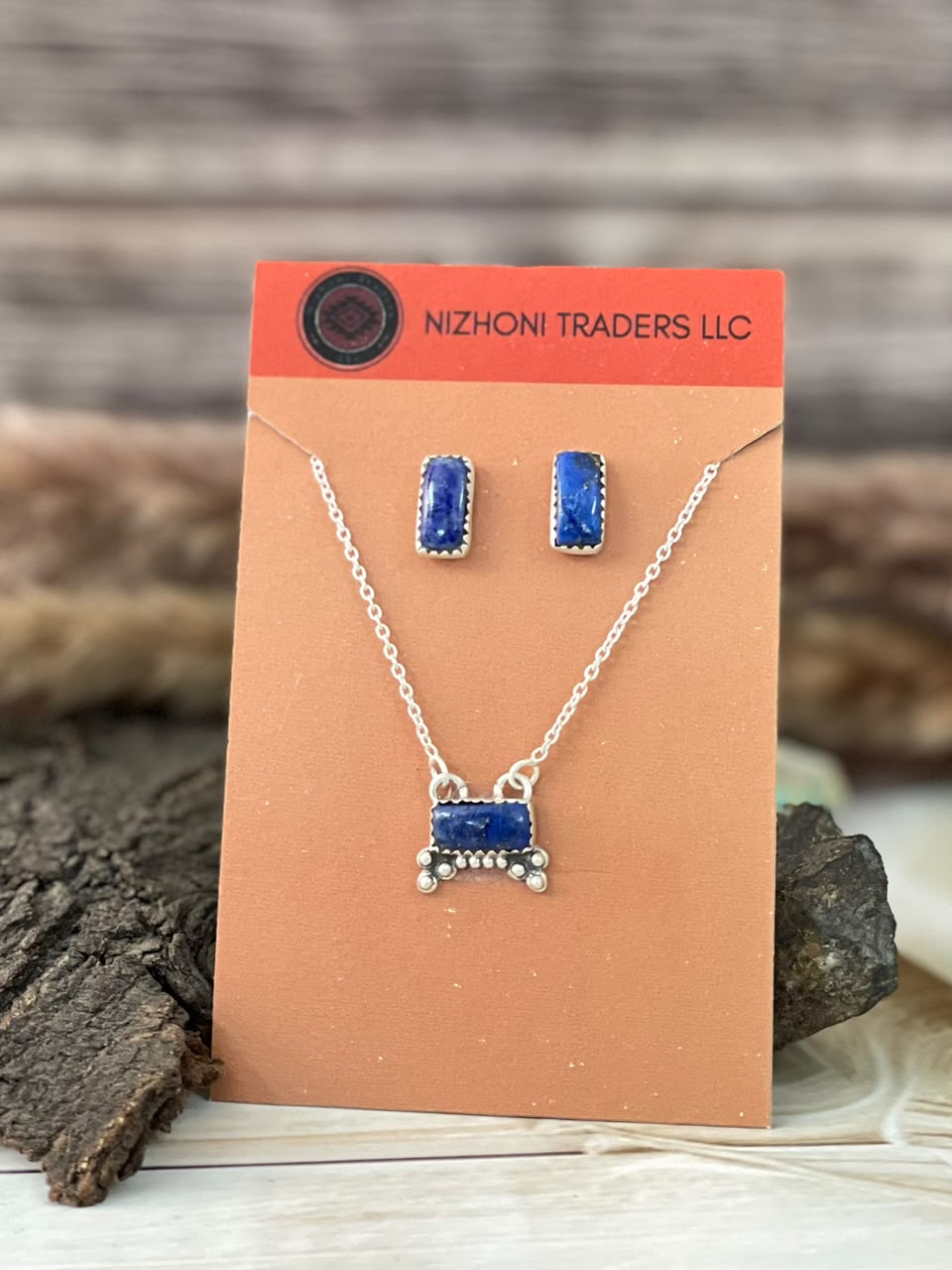 Handmade Sterling Silver Lapis Necklace and Earrings Set Card
