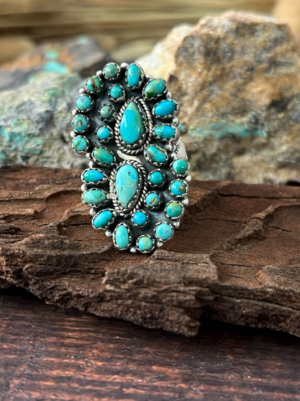 Handmade Sterling Silver Kingman Turquoise Adjustable Ring Signed Nizhoni