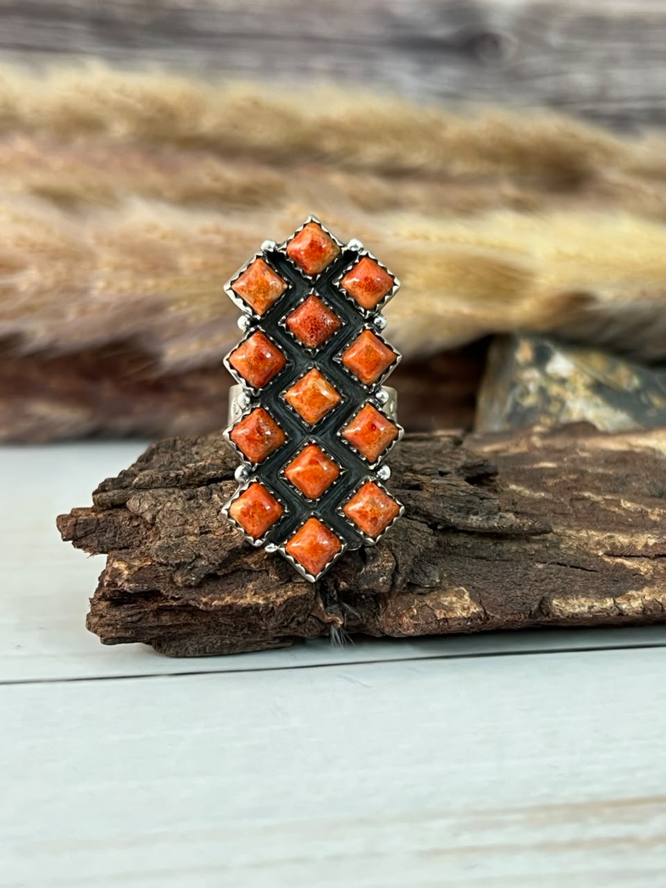 Handmade Sterling Silver Orange Mojave Adjustable Ring Signed Nizhoni