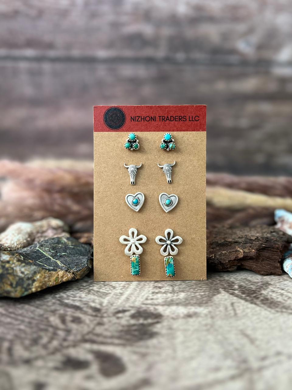 Handmade Sterling Silver Kingman Turquoise Post Earrings Card