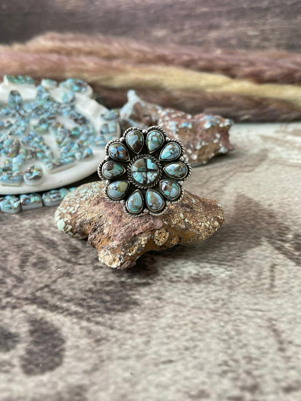 Handmade Sterling Silver 'Golden Hills Turquoise Cobble Collection' Adjustable Ring "Signed Nizhoni"