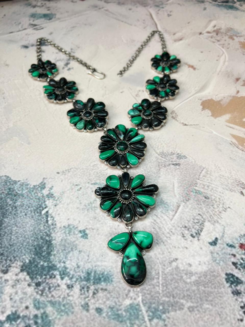 Handmade Sterling Silver Emerald Rose Necklace "Signed Nizhoni"