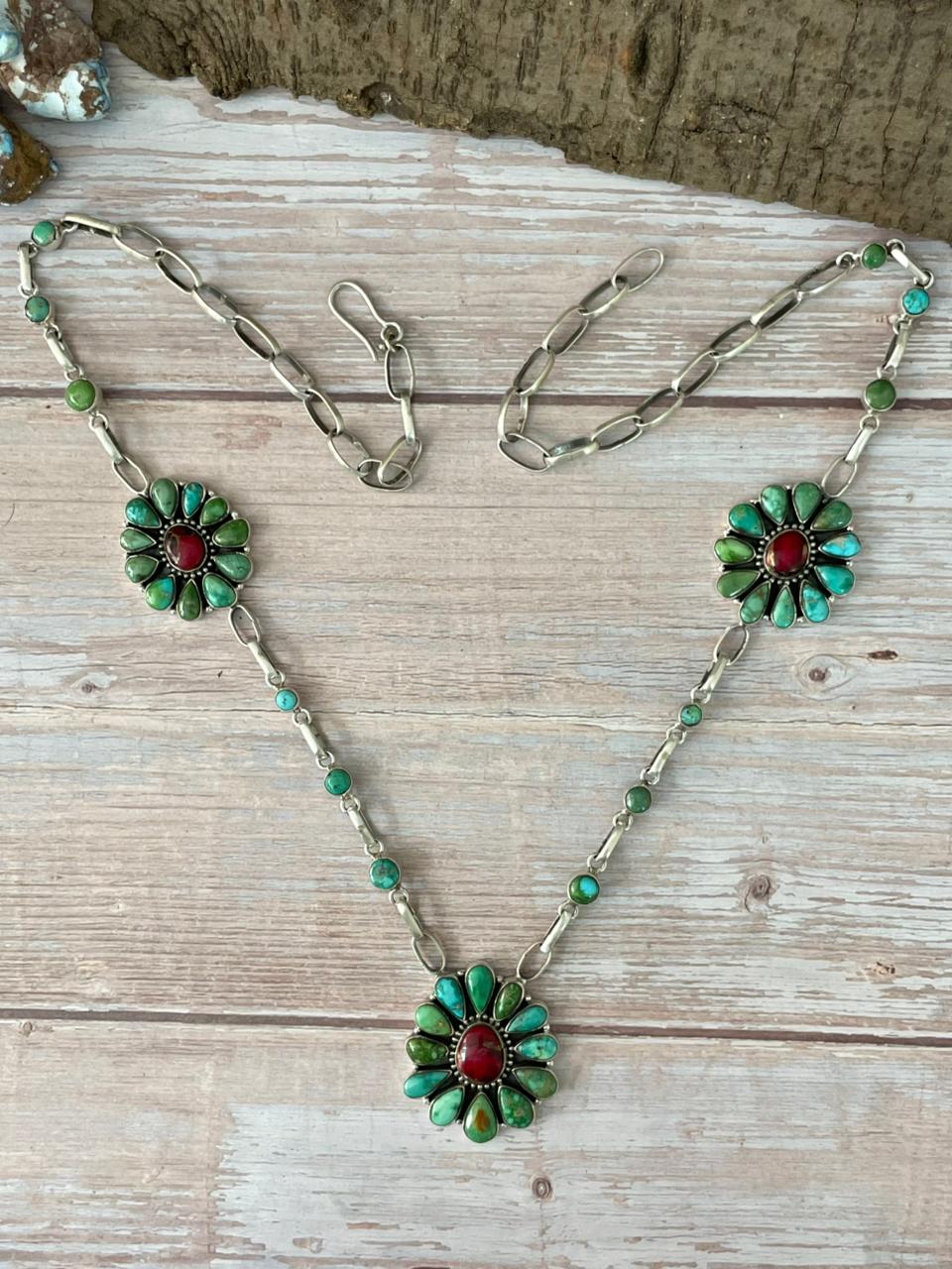 Handmade Sterling Silver Dahlia Rose with Emerald Valley Turquoise Necklace "Signed Nizhoni"