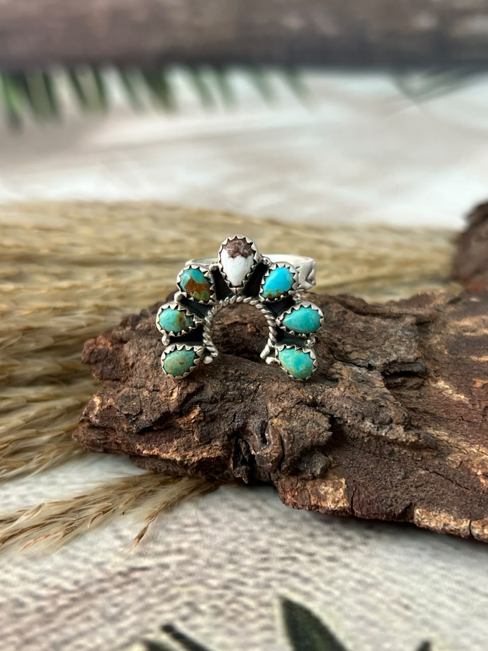 Handmade Sterling Silver Wildhorse Magnesite with Kingman Turquoise Adjustable Ring Signed Nizhoni