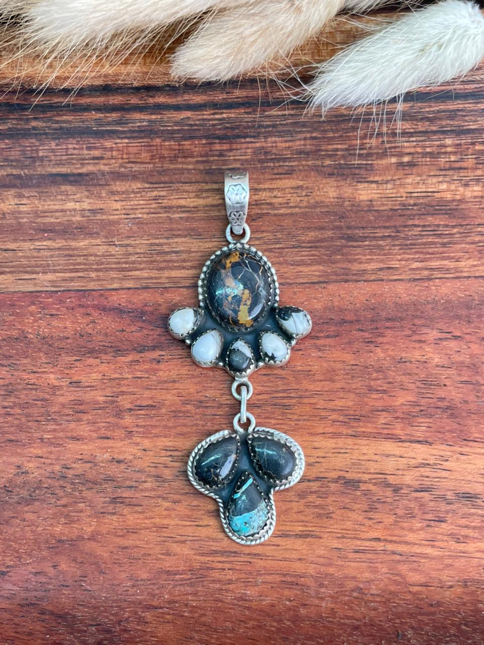 Handmade Sterling Silver Blackjack Turquoise with White Buffalo Pendant "Signed Nizhoni"