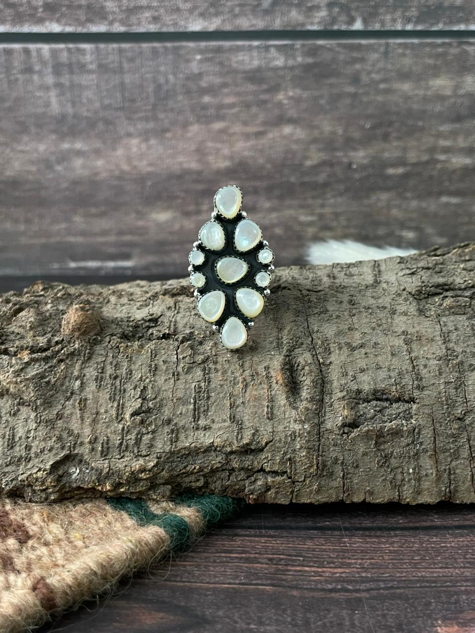 Handmade Sterling Silver Wedding Collection: Mother of Pearl Adjustable Ring "Signed Nizhoni"