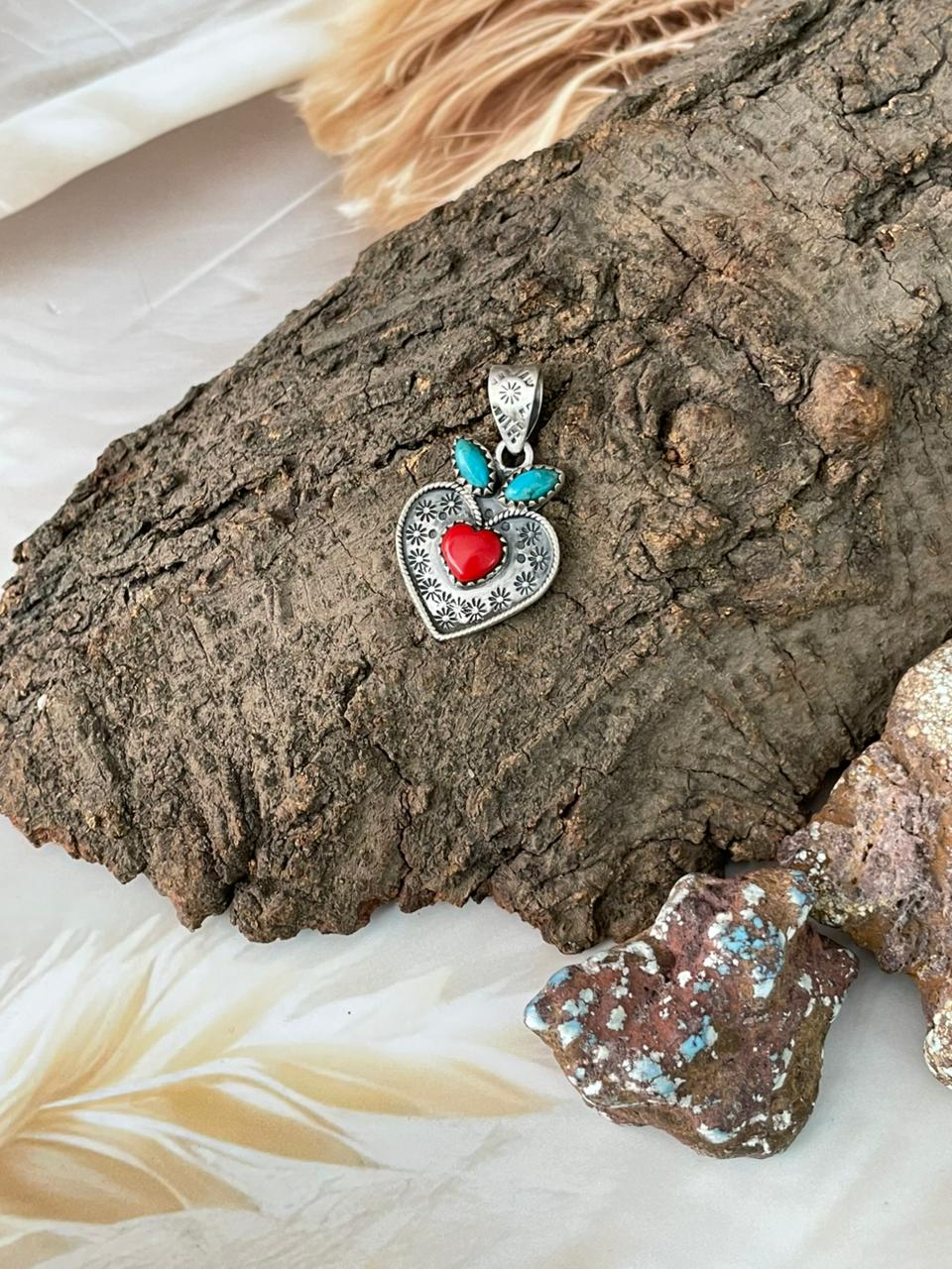 Handmade Sterling Silver Rosarita with Kingman Turquoise Cherry Heart Pendant "Signed Nizhoni"