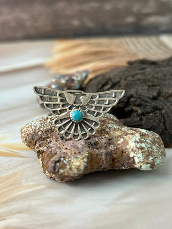 Handmade Sterling Silver Kingman Turquoise Thunderbird Adjustable Ring "Signed Nizhoni"