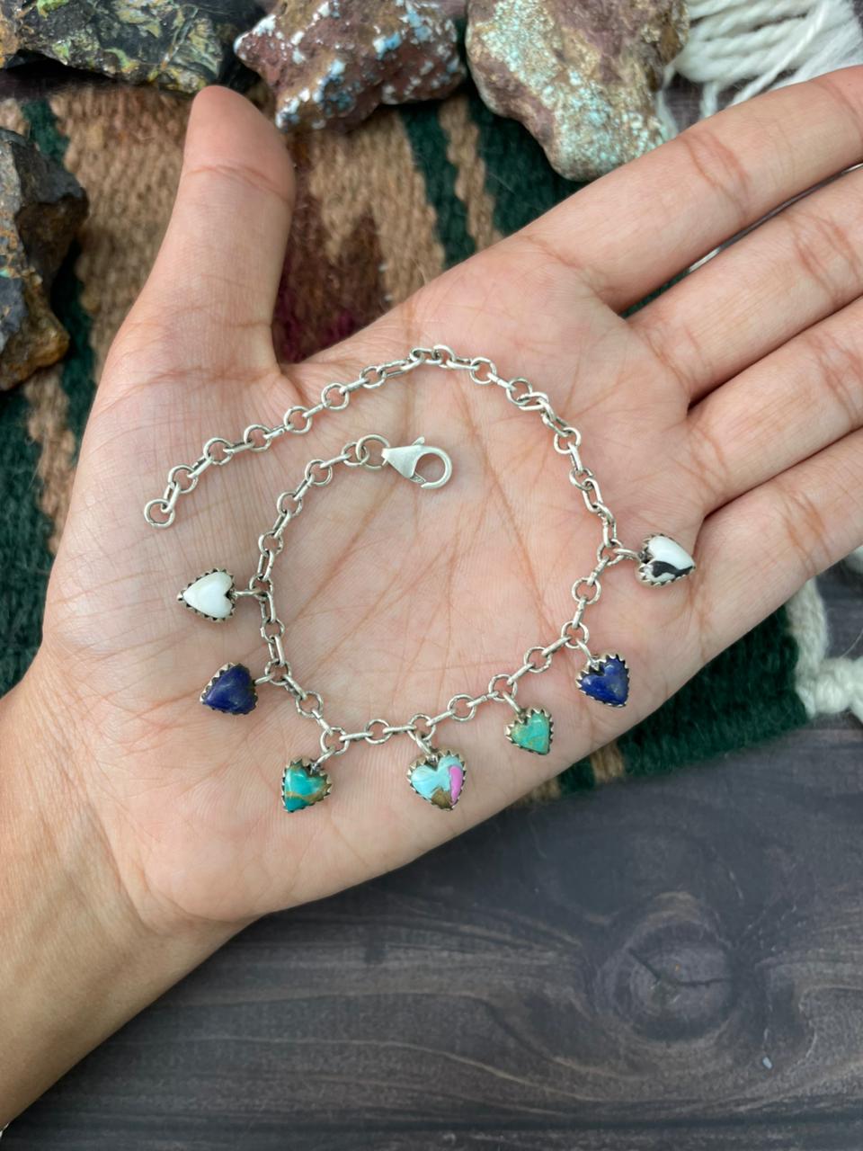 Handmade Sterling Silver White Buffalo with Cotton Candy, Lapis and Kingman Turquoise Chain Bracelet "Signed Nizhoni"