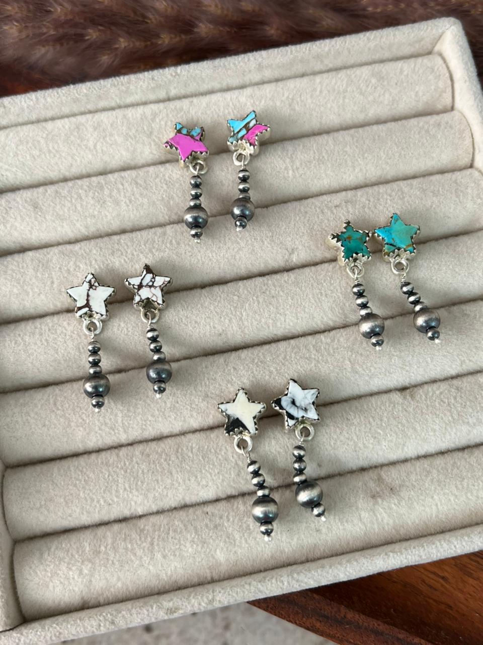Handmade Sterling Silver Cotton Candy, White Buffalo, Wildhorse Magnesite and Kingman Turquoise Post Dangle Beaded Earrings "Signed Nizhoni"