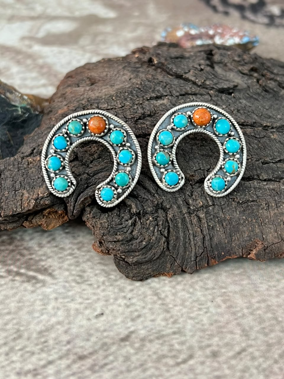 Handmade Sterling Silver Kingman Turquoise with Orange Mojave Post Studs Naja Earrings Signed Nizhoni