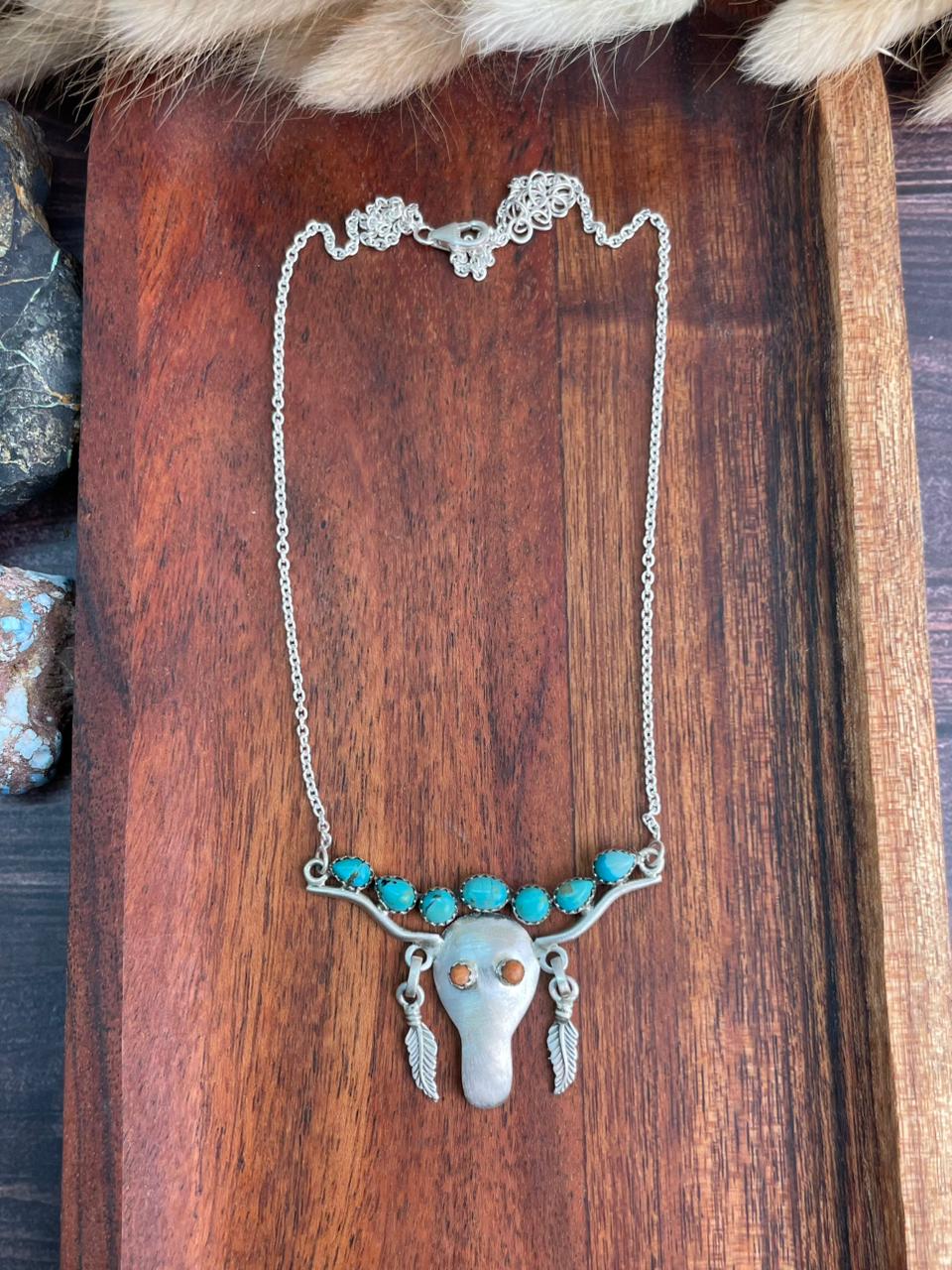 Handmade Sterling Silver Kingman Turquoise with Orange Mojave Bull Necklace "Signed Nizhoni"