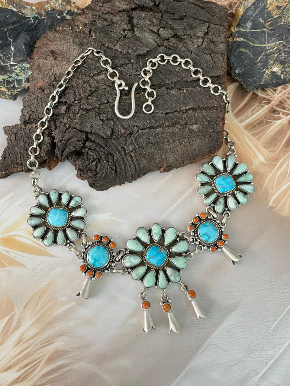 Handmade Sterling Silver White Water with Orange Mojave and Paloma Turquoise Choker Squash Blossom Necklace "Signed Nizhoni"