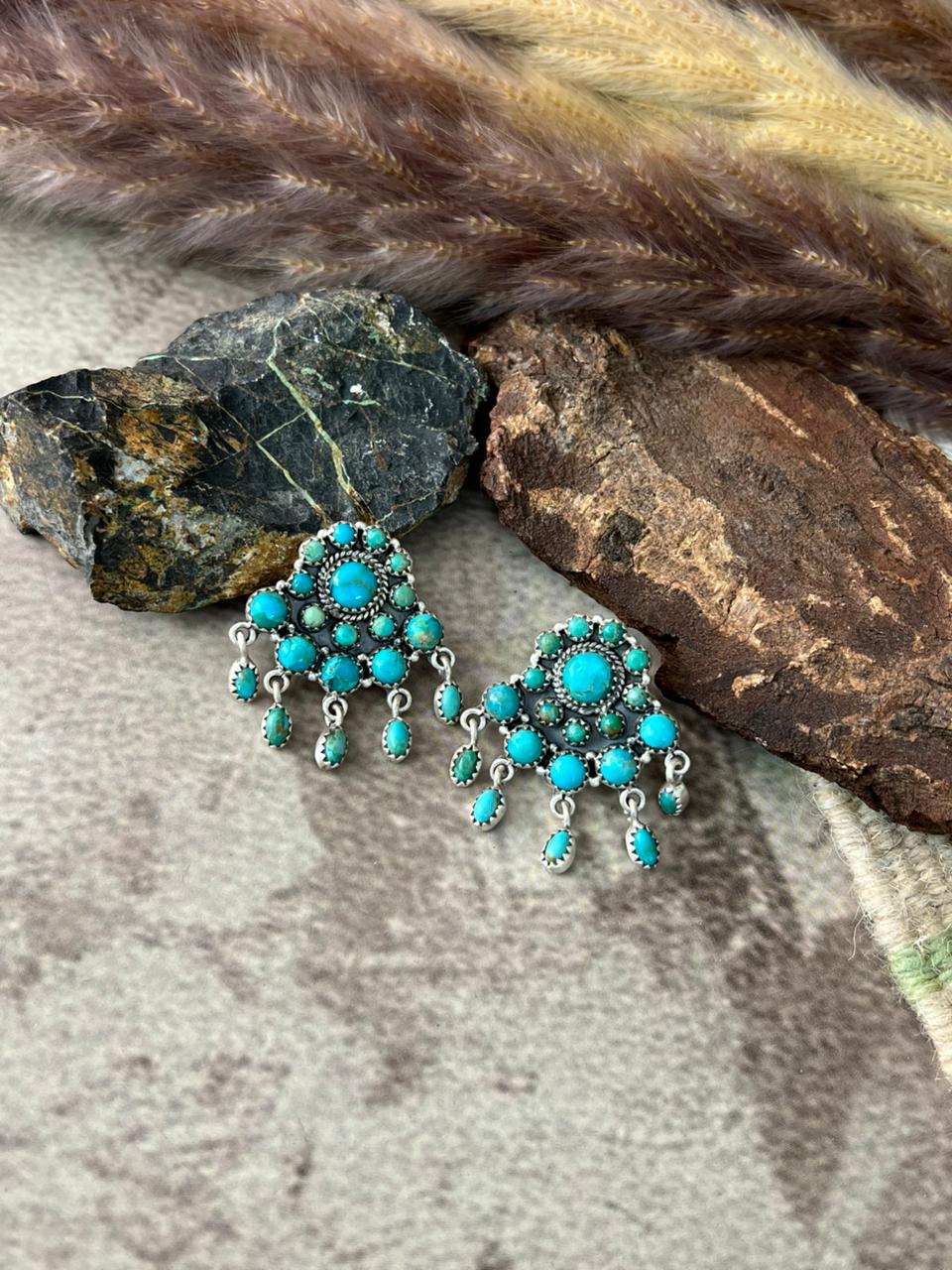 Handmade Sterling Silver Kingman Turquoise Post Dangle Earrings "Signed Nizhoni"