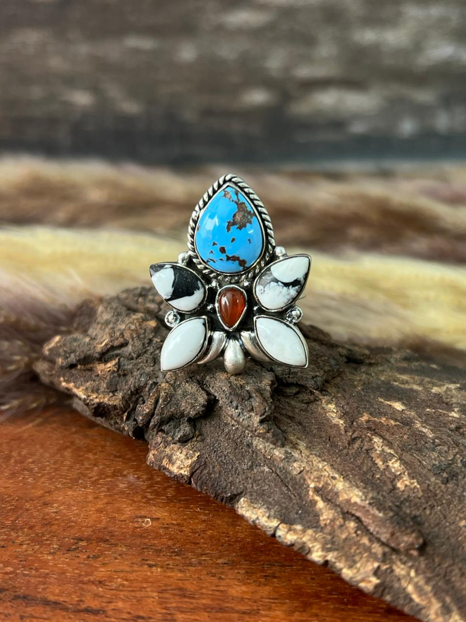 Handmade Sterling Silver Canyon Sunset Collection: Golden Hills Turquoise with White Buffalo and Carnelian Adjustable Ring "Signed Nizhoni"