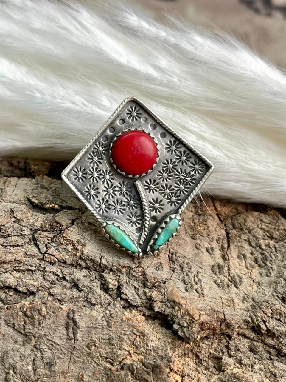 Handmade Sterling Silver Rosarita with Kingman Turquoise Cherry Adjustable Ring "Signed Nizhoni"