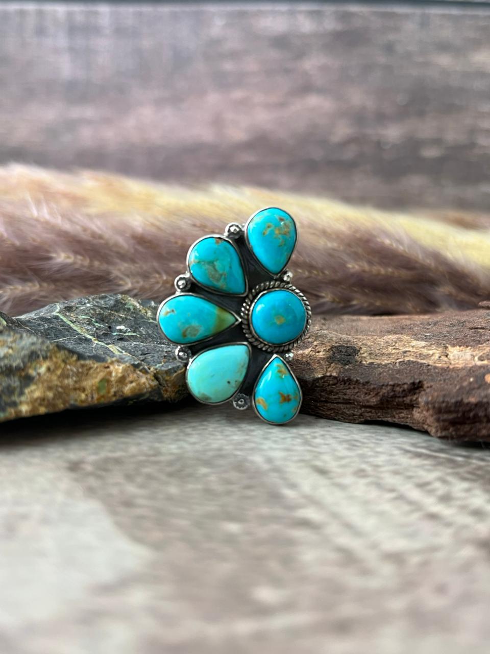 Handmade Sterling Silver Santa Maria Turquoise Adjustable Ring "Signed Nizhoni"