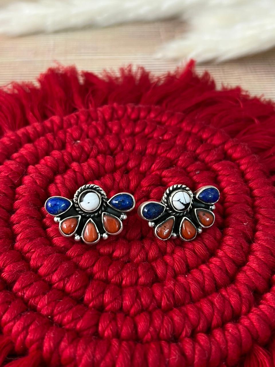 Handmade Sterling Silver 4th Of July Collection: Coral with Lapis and White Buffalo Post Studs Earrings "Signed Nizhoni"
