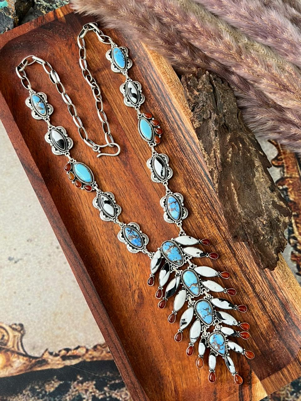 Handmade Sterling Silver Canyon Sunset Collection: Golden Hills Turquoise with White Buffalo and Carnelian Necklace "Signed Nizhoni"