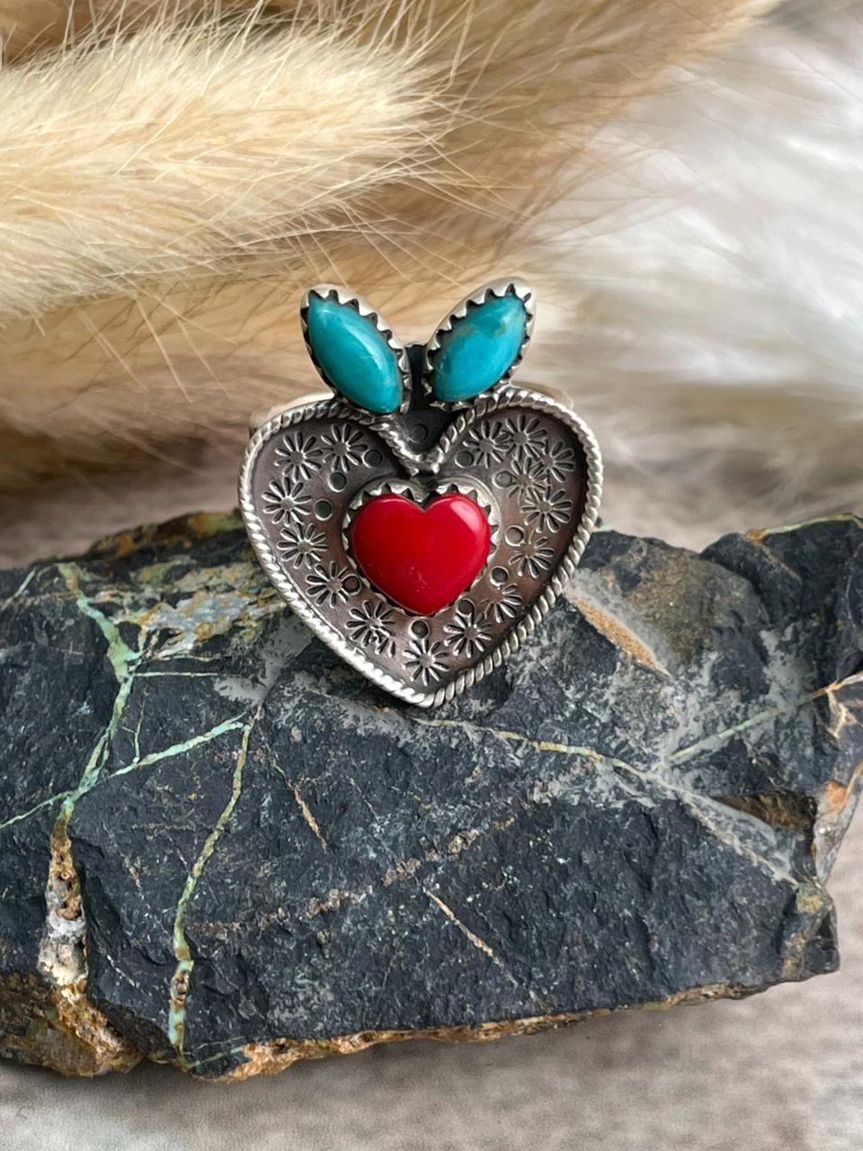 Handmade Sterling Silver Rosarita with Kingman Turquoise Cherry Adjustable Ring "Signed Nizhoni"