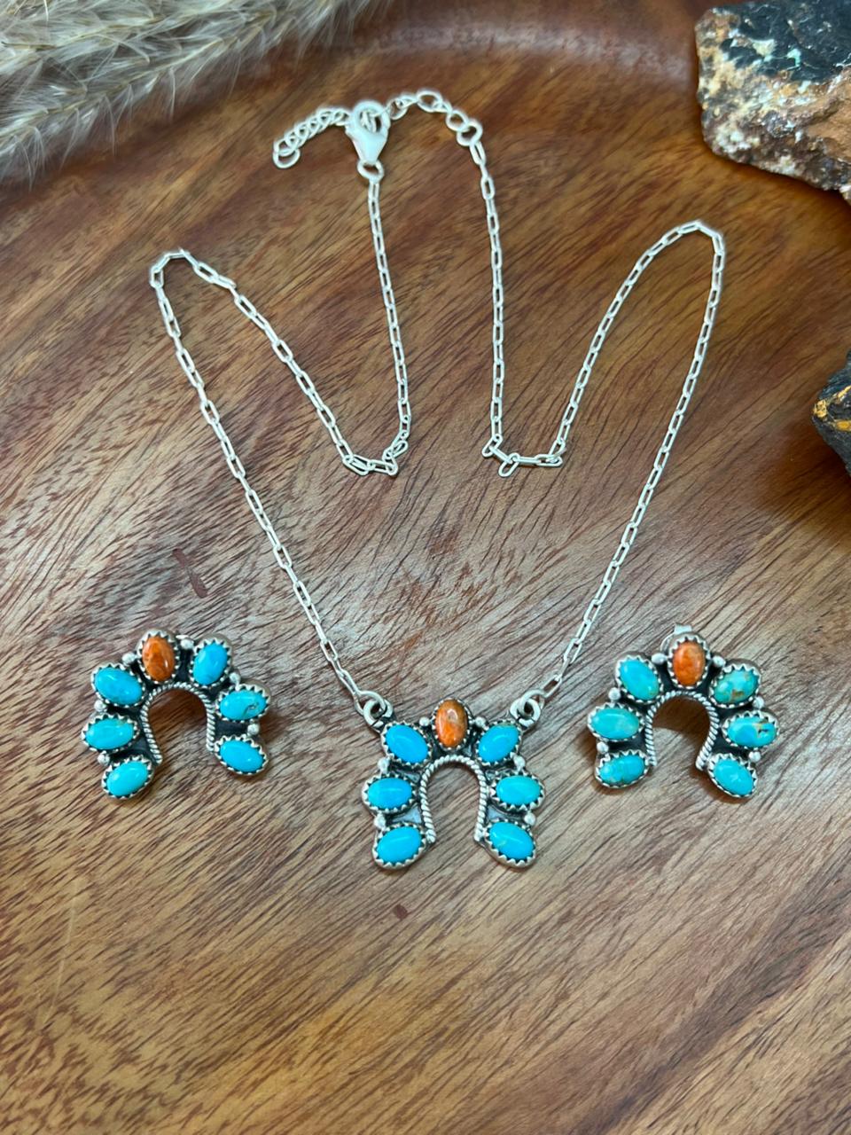 Handmade Sterling Silver Kingman Turquoise with Orange Mojave Necklace Earrings Set "Signed Nizhoni"