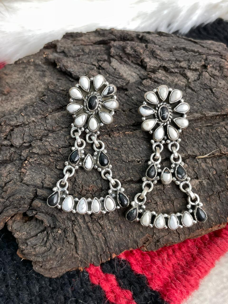 Handmade Sterling Silver White Buffalo Post Dangle Earrings "Signed Nizhoni"