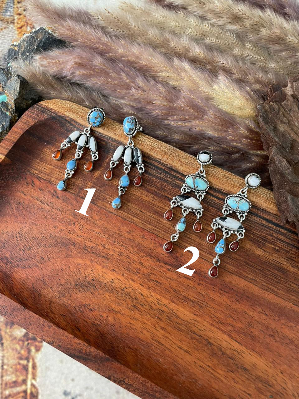 Handmade Sterling Silver Canyon Sunset Collection: Golden Hills Turquoise with White Buffalo and Carnelian Post Dangle Earrings "Signed Nizhoni"