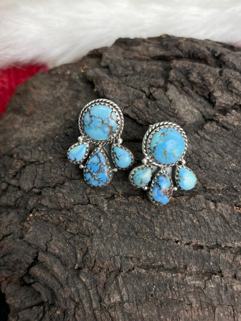 Handmade Sterling Silver Golden Hills Turquoise Post Studs Earrings "Signed Nizhoni"